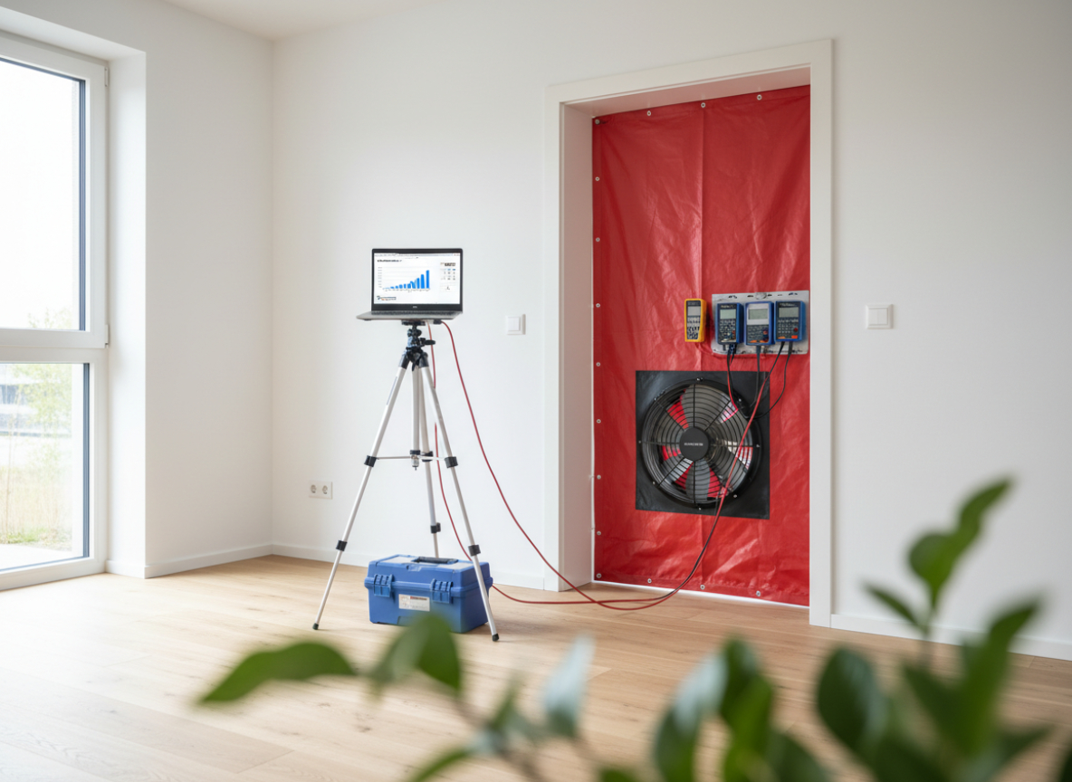 Blower-Door-Test im Wohnhaus mit Messventilator und Laptop zur Luftdichtigkeitsmessung