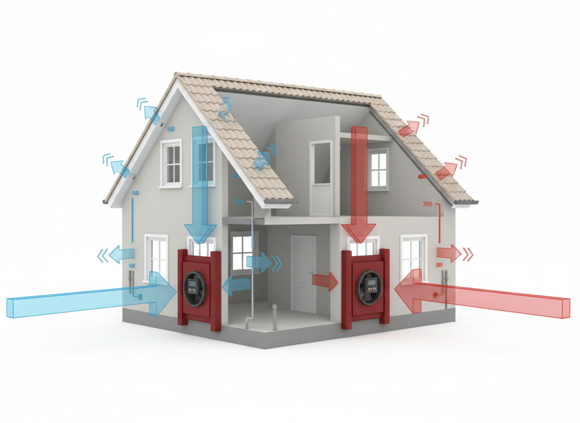 Blower-Door-Test am Einfamilienhaus mit Darstellung von Luftströmungen für die Luftdichtigkeitsmessung