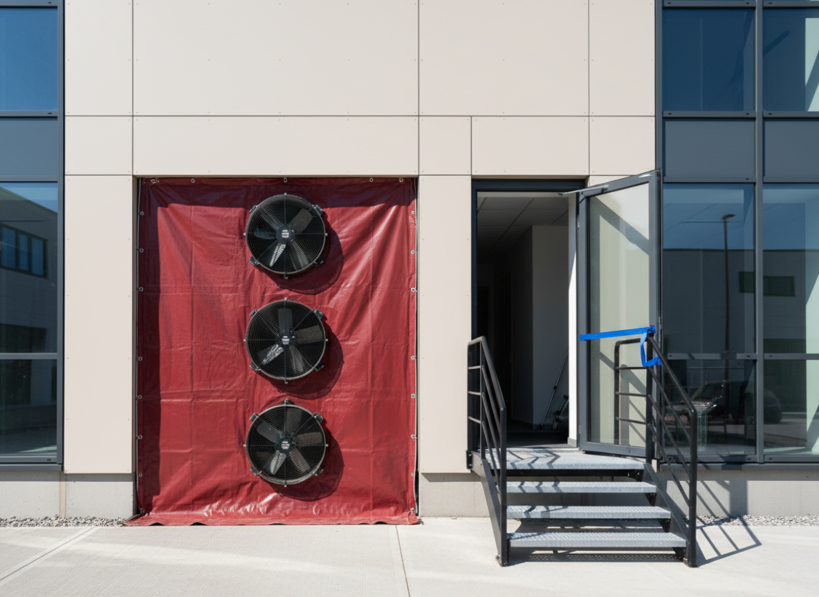 Blower-Door-Test an einem Büro- oder Gewerbegebäude mit roter Plane und drei großen Ventilatoren in der Eingangstür